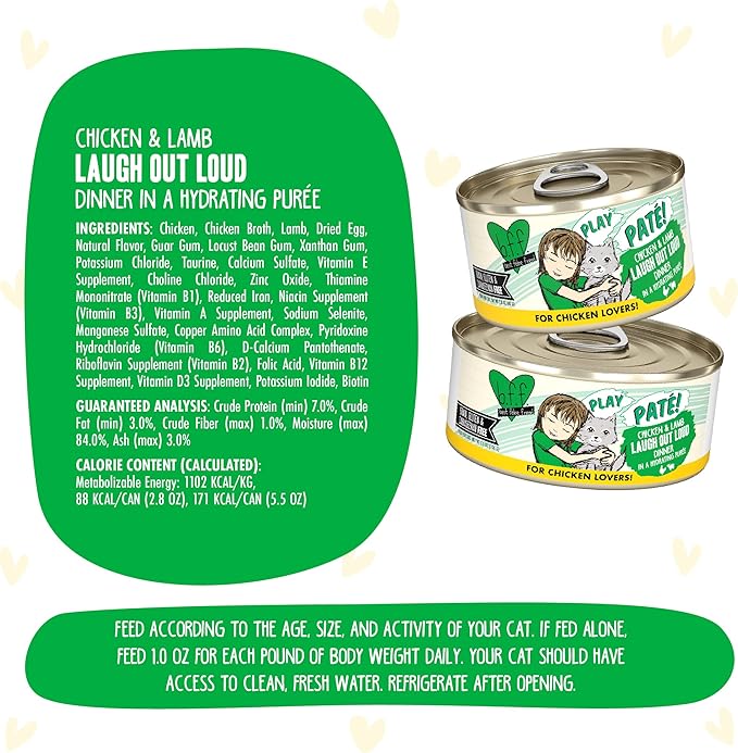 Weruva B.F.F. Play - Best Feline Friend Paté Lovers, Aw Yeah!, Chicken & Lamb Laugh Out Loud with Chicken & Lamb, 2.8oz Can (Pack of 12)