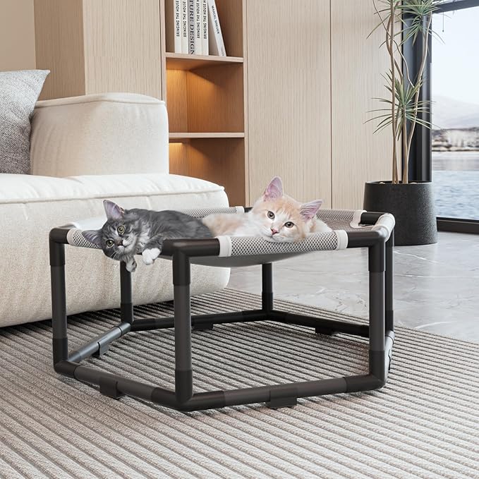 Tresbro Elevated Cat Hammock Bed, Hexagon Raised Cat Swing Bed for Indoor and Outdoor Use with Breathable Fabric & Anti-Slip Block, 23.6'' x 10.6'' x 12'' Pet Chair for Large to Small Kitty Cot
