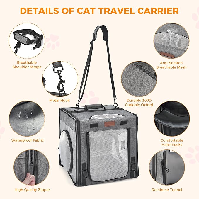 PETUX 2-in-1 Double Cat Carrier for Multiple Cats - Large Cat Travel Carrier with Litter Box, Play Tunnels, and Hammock - Portable Pet Carriers for Long Car Trips ＆ Vet Visit (34"x17"x17", Grey)