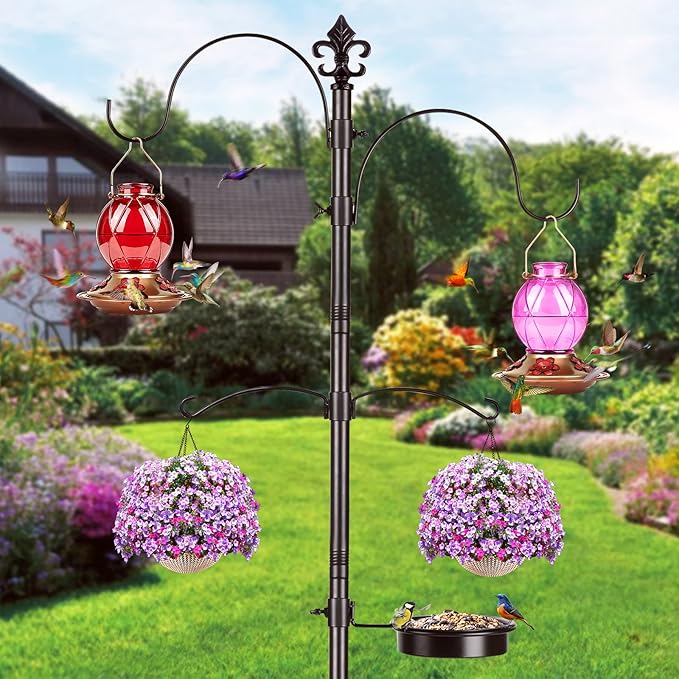 BOLITE Hummingbird Feeder, Glass Hummingbird Feeders for Outdoors Hanging, Five Feeding Ports, 20 Ounces, 2 Pack, Red and Purple, Birthday Gifts for Women Men, Gifts for Mom Dad