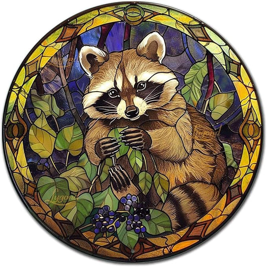 Lygond Metal Sign Tin Sign Circular Stained Glass Raccoon Minimalist Wall Art for Club 8×8 Inches