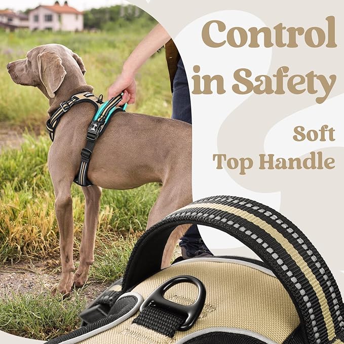 rabbitgoo Dog Harness for Large, No Pull Pet Harness with 3 Buckles, Adjustable Soft Padded Vest with Control Handle, Walking Reflective Pet Vest for Large Dogs, Beige, L