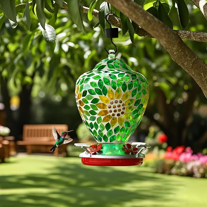 VOREEN Glass Mosaic Hummingbird Feeders, 34OZ with Ant Moat & 4 Feeding Ports, Hand Blown Glass Outdoor Hanging Bird Feeder, Porch Garden Backyard Decor, Gift for Mom Wife Friend, Sunflower Design