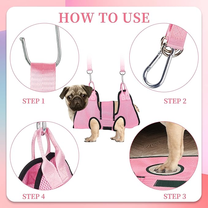PatiencET Dog Grooming Hammock, Pet Grooming Hammock for Cats & Dogs with Security Strap, Dog Sling for Nail Trimming with Nail Clippers/Trimmer, Nail File, Pet Comb(Pink S)
