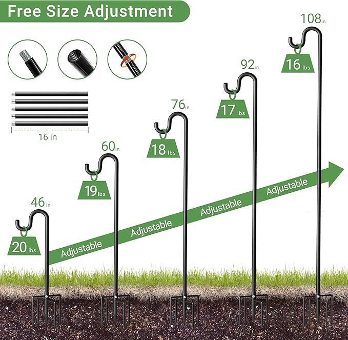 108" Shepherds Hooks for Outdoor, Extra Thick Bird Feeder Pole with 5 Prong Base, Adjustable Shepards Hook for Garden, Weddings, Hanging Plant