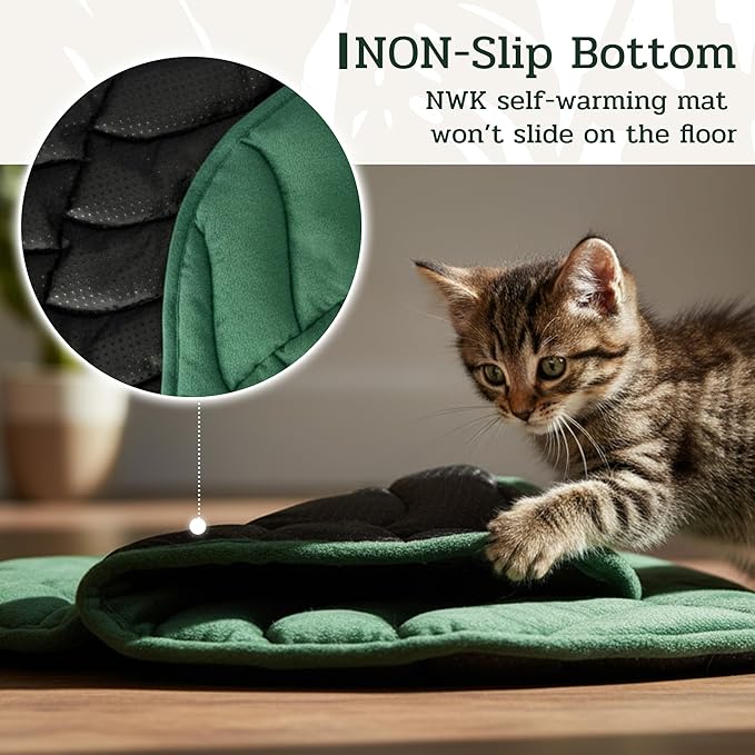 NWK Green Leaf Shaped Self Warming Cat Bed Mat, Thermal Dog Mat Cat Pad, Washable, Non-Slip Bottom for Sofa & Crate & Kennel & Car Seat (Green Leaf, Medium (25.5'' X 19''))