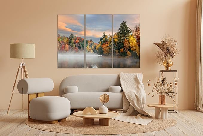 Nature Wall Art Prints - Ocean Forest Mountain Lake Canvas Landscapes - Small to Extra Large Living Room Bedroom Kitchen Bathroom Décor (Misty Fall Reflection, 31L" x 47W" - 3 Panels)