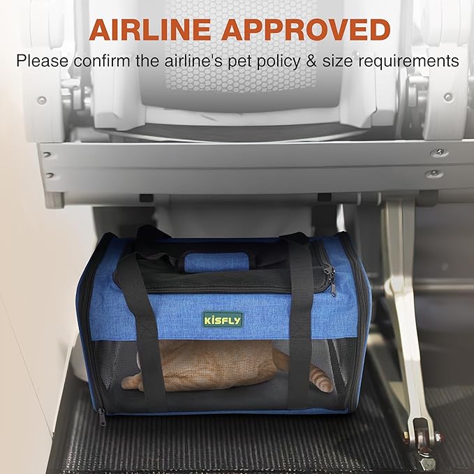 TSA-Approved Under-Seat Airline Pet Carrier – Soft-Sided, Foldable Travel Bag for Cats, Puppies, Rabbits & Hamsters (17"x11"x9.5"), Fits Pets up to 12 lbs, Blue