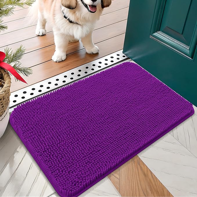 OLANLY Dog Door Mat for Muddy Paws 24x16, Absorbs Moisture and Dirt, Absorbent Non-Slip Washable Doormat, Quick Dry Chenille Mud Mat for Dogs, Entry Indoor Entryway Carpet for Inside Floor, Purple