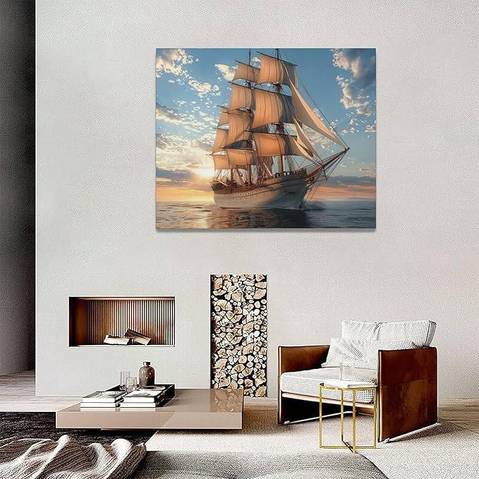 Large Nautical Ship Wall Art for Living Room Sailboat Ocean Landscape Art Big Space Size Bedroom Office Canvas Prints Pictures Painting Artwork Office Bedroom Home Decor 60"x30"