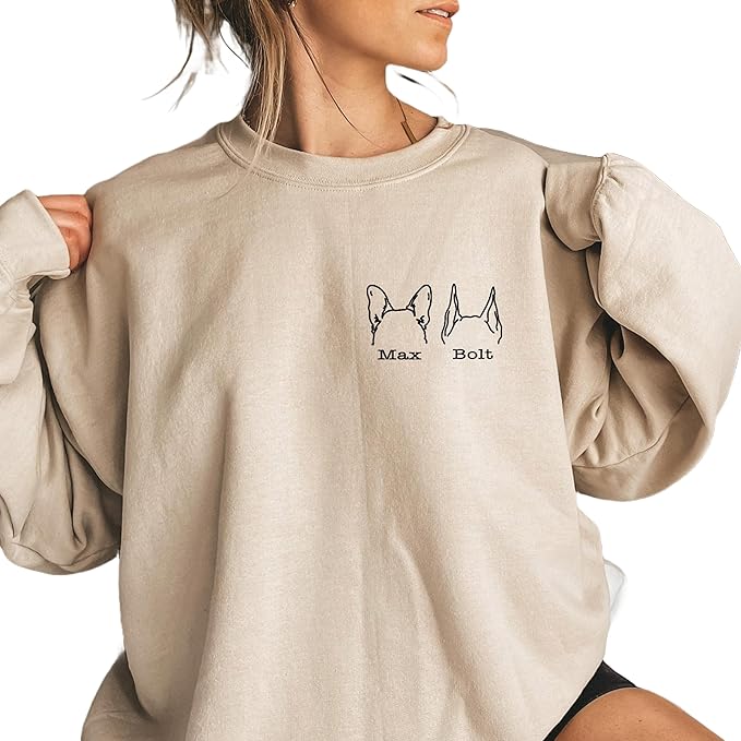 Custom Dog Mom Shirt for Women Pet Ears Sweatshirt with Name Unique Puppy Line Art Cute Dad Hoodie for DogDad Owner Lover