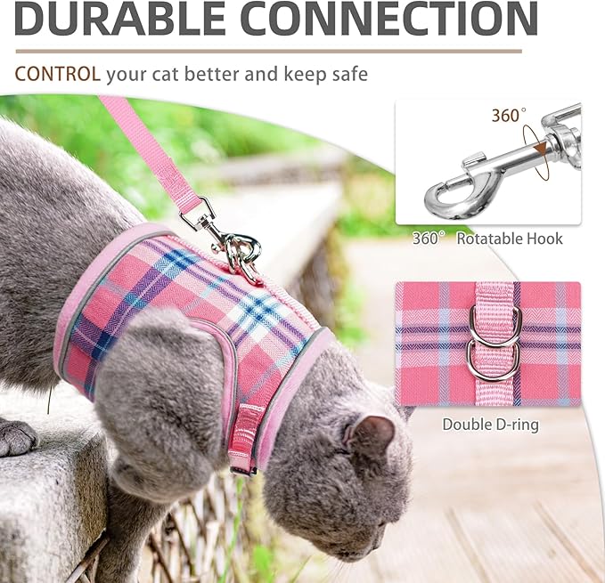 PUPTECK Soft Mesh Cat Vest Harness and Leash Set Puppy Padded Pet Harnesses Escape Proof for Cats Small Dogs Rabbits Bunny, Plaid Pink, S