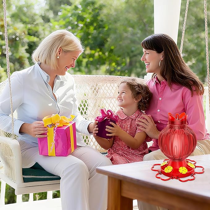 Hummingbird Feeders for Outdoors Hanging with Leak-Proof Base - 28oz Large Capacity Shatter-Resistant Hummingbird Feeder, Bottom Fill Wide Mouth Design & Ant/Bee Guards - Garden Decor (Red)