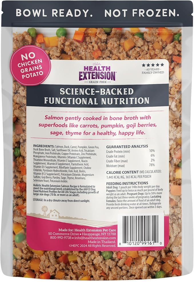 Health Extension Gently Cooked Grain-Free Salmon Dog Food, Human-Grade & Shelf-Stable with Superfoods, Supports Digestion, Immunity, Skin & Coat, 9 oz Pouch (Pack of 10)