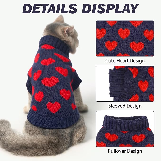 KOOLTAIL Cat Sweater Turtleneck - Soft Knit Sweaters for Small Medium Large Cats & Kittens - Warm & Thick, Red Heart Love Pattern - Navy