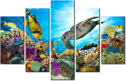 Xlarge 5 Piece Underwater World Canvas Wall Art Painting Sea Turtles Tropical Fish Swim on Coral Reef in the Sea Ocean Picture Prints Kids Room Wall Decor Stretched and Framed Ready to Hang 40x60inch