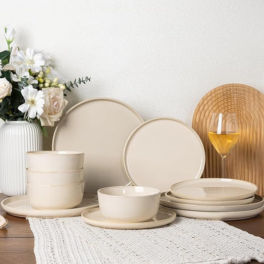 GBHOME Ceramic Dinnerware Sets for 4, 12 Pieces Stoneware Plates and Bowls Sets, Scratch Resistant Dishes, Dishwasher & Microwave Safe, Reactive Glaze-Vanilla color