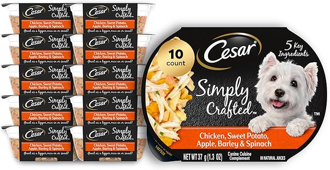 Cesar Simply Crafted Adult Wet Dog Food Meal Topper, Chicken, Sweet Potato, Apple, Barley & Spinach, 1.3oz. (10 Count, Pack of 1)