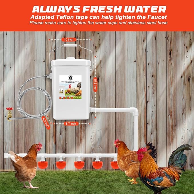 Automatic Chicken Waterer Float Controlled, 3 Gallons Poultry Waterer Dispenser with Hose Attachment, Poultry Automatic Drinking Accessories for Chicks, Duck, Goose, Turkey