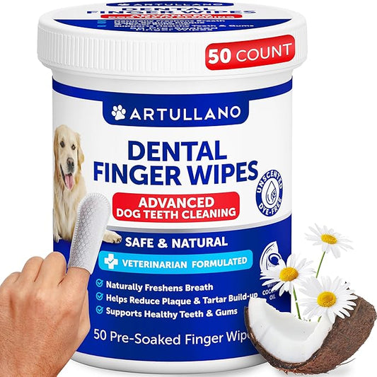 Dog Teeth Cleaning Wipes - 50 Dog Dental Care Finger Wipes - Finger Toothbrush for Removing Plaque, Tartar Buildup, Bad Breath - Oral Freshness, Healthy Teeth & Gum Support with Coconut Oil, Unscented