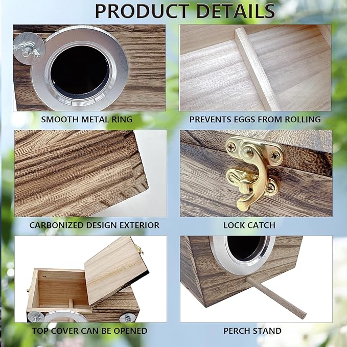 kathson Parrots Nesting Box Parakeet Nest House for Cage Budgie Breeding Hut with Coconut Fiber Bedding Wooden Bird Mating Box for Lovebirds Budgie Conure and Small Medium Parrot Birds