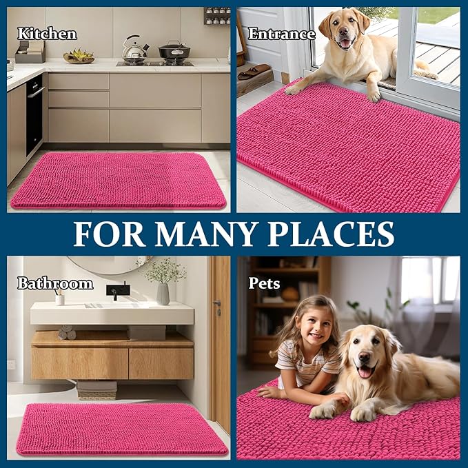 OLANLY Dog Door Mat for Muddy Paws 47x17, Absorbs Moisture and Dirt, Absorbent Non-Slip Washable Doormat, Quick Dry Chenille Mud Mat for Dogs, Entry Indoor Entryway Carpet for Inside Floor, Hot Pink