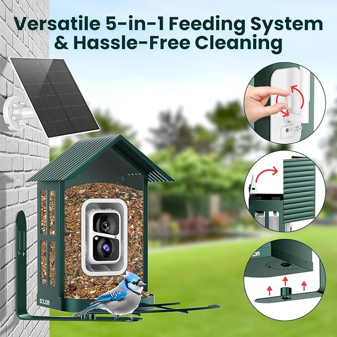 SOLIOM Solar Bird Feeder with Camera for Outdoors - Durable Metal AI Smart Birdhouse, 2K Live View & Instant Alerts, Squirrel Proof - Ideal Bird Watching Gift (Green)