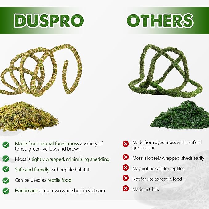 Duspro 6.5FT Reptile Vine & Moss Set for Climbing Bendable Branch, Natural Moss Rope Jungle Decor for Bearded Dragon, Chameleon Tank Accessories, Snake Gecko Lizard Terrarium