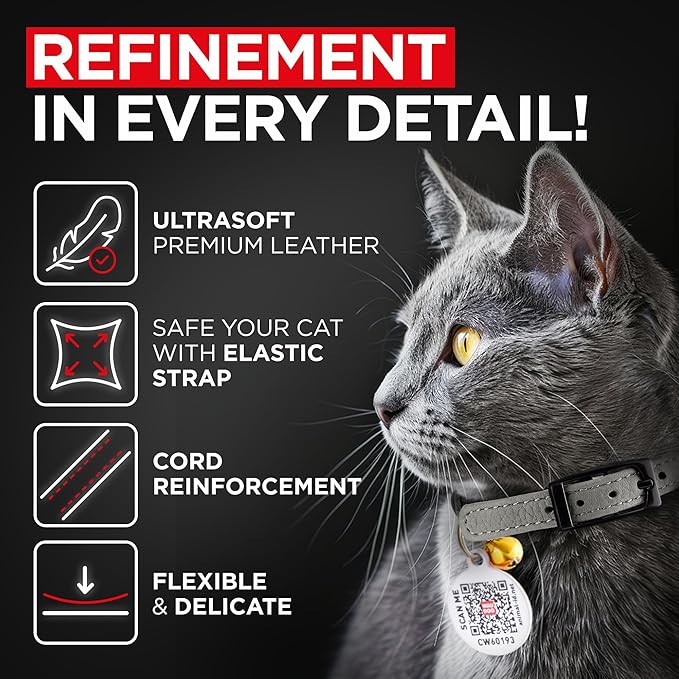 Leather Cat Collar with Bell and Safety Elastic Strap Breakaway Alternative for Small & Large Kittens, Stylish Pet Leather Collar for Boy, Girl Cats with Metal Buckle & QR ID Tag (Gray)