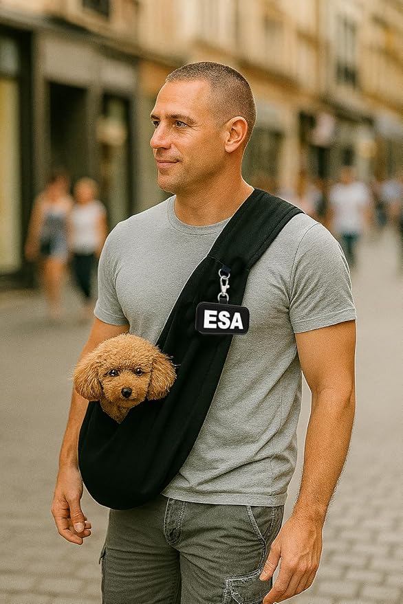 Small Emotional Support Dog Sling Carrier with ID Tag | EZ-Sling for Small Dogs | Includes Five ESA Handout Cards | Comfortable Alternative to Conventional pet Carriers