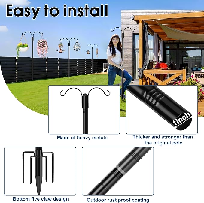 Ottsuls Bird Feeder Pole, 2 Pack 92 INCH Double Shepherds Hooks for Outdoor, with 5 Base Prongs Heavy Duty Tall Garden Planter Hooks for Hanging Flower Basket, Lantern, Hummingbird Feeder