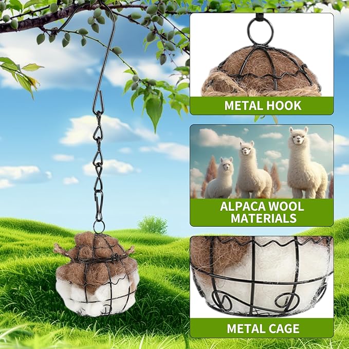 Bird Nesting Material, Hummingbird Nesters, Natural Alpaca Wool Material for Wild Birds, Design for Bird Lover Gifts, Bird Watching Gifts, Refillable Outdoor Bird Nesting Station