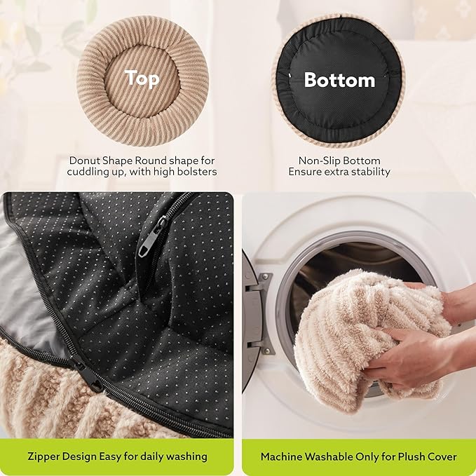 MIXJOY Dog Bed Medium Size Dogs, Washable Medium Dogs Bed with Removable Cover, Cozy Donut Dog Ded Fluffy Plush Faux Fur Pet Bed with Anti-Slip Bottom, 30"x30"x8", Beige