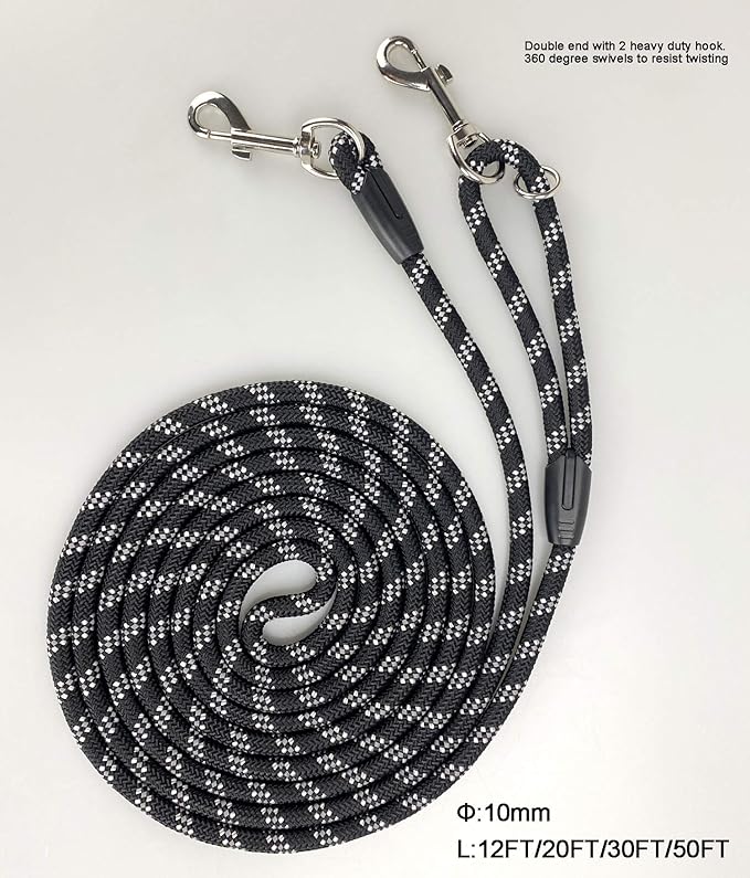 Long Rope Dog Leash for Dog Training 12FT 20FT 30FT 50FT, Reflective Threads Dog Cat Leashes Tie-Out Check Cord Recall Training Agility Lead for Large Medium Small Dogs (Black, 10mm*20ft)