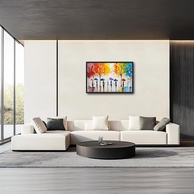 Large Abstract Tree Wall Art for Living Room, Framed Oversized People with Colorful Umbrella Wall Decor Street Canvas Painting Modern Artwork for Living Room Bedroom Office Dining Room 36"x24"