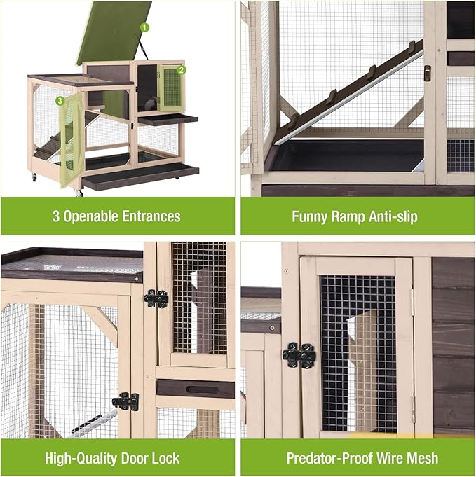 GUTINNEEN 2-Story Rabbit Hutch with Chew-Proof Ramp & Pull-Out Trays - Indoor/Outdoor 39.3" Wooden Rabbit Cage on Wheels for Rabbits, Guinea Pigs (Dark Brown)