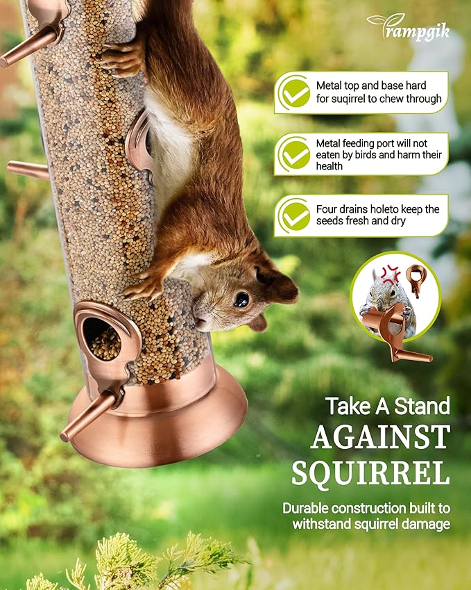 Bird Feeders for Outdoors,15 Inch 6 Ports Squirrel Proof Bird Feefers,Finch Feeder for Outside,Chew-Proof Metal Hanging Bird Feeder,Rust-Proof,Easy to Refill & Clean,Copper,Pack of 1
