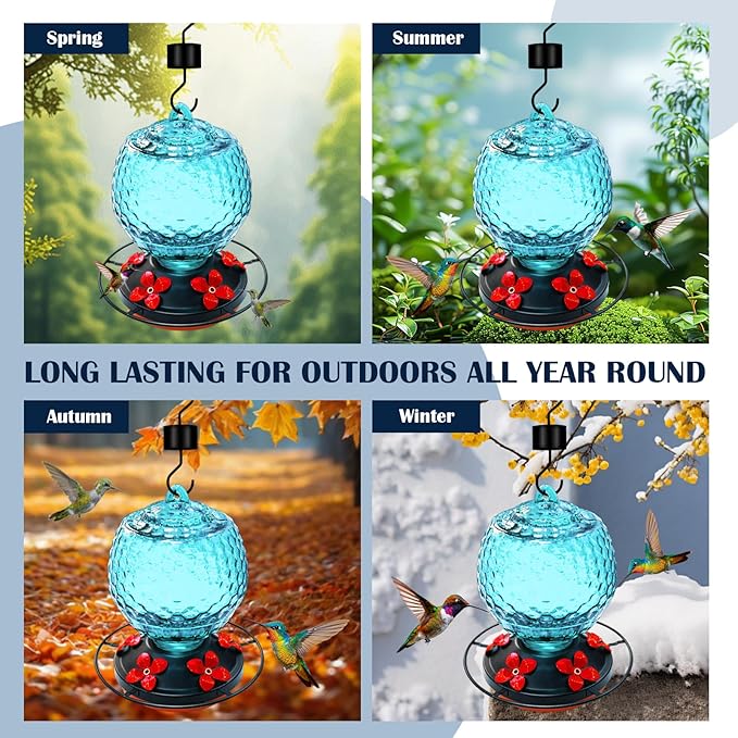 Glass Hummingbirds Feeder for Outdoors Hanging,25 OZ Humming Birds Feeder for Outdoors,Hummingbird Gifts,Gardening Gifts for Women(Blue)
