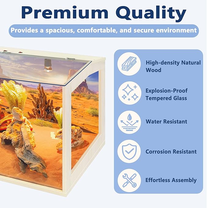 PROLEE Bearded Dragon Tank,Lizard Tank with Clear Tempered Glass Roof,Anti-Scratch Reptile Enclosure, Snake Tank and Reptile Tank,Built-in Light Fixtures with Switch (34 Gallon)