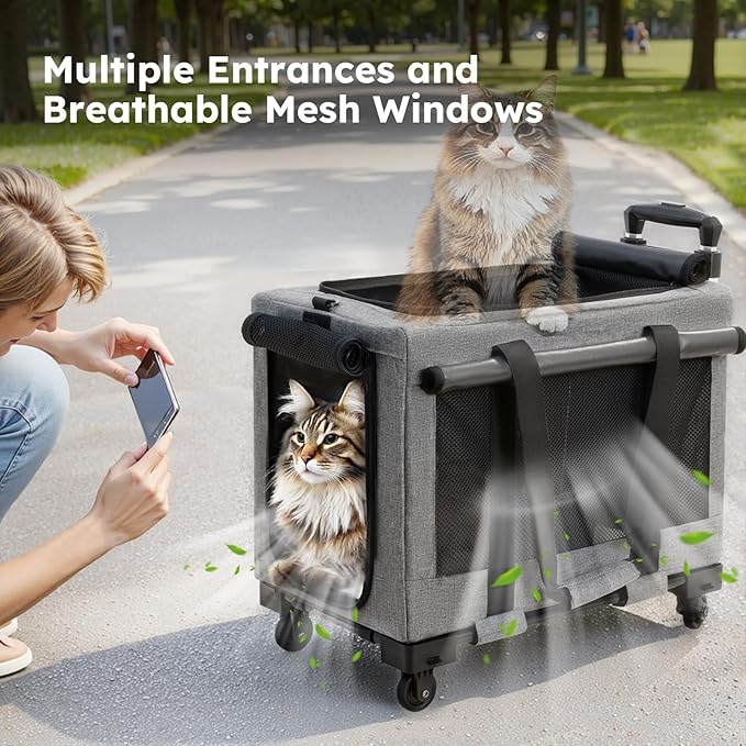 Pecute Cat Carrier with Wheels,Steel Wire Frame Cat Carrier, Stable Pet Trolley Bag for Cats, Pet Handbag and Stroller Bag, Portable Cat Carrier Bag for Car Travel Bus Subway, L, Grey