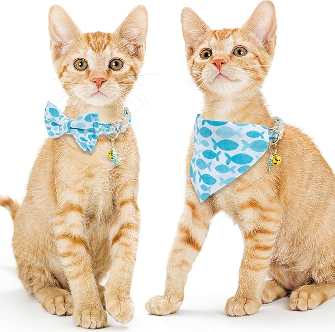 Faygarsle 2 Pack Fish Pattern Cat Collar Set with Bow Tie and Bandana, Light Blue and White, Breakaway Safety Collar with Bell