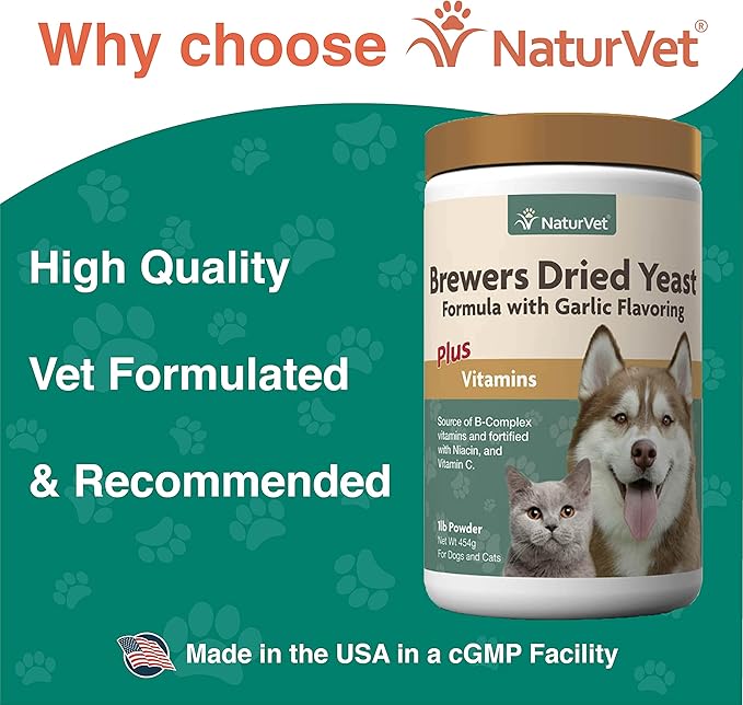 NaturVet Brewers Dried Yeast Formula with Garlic Flavoring Plus Vitamins for Dogs and Cats, Powder, Made in The USA with Globally Source Ingredients 1 Pound