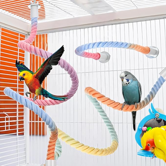 4 Packs Gradient Bendable Bird Rope Perches, Parrot Bird Perch Rope Stand for Cage Climbing Rope Toys Cotton Swing Climbing Rope Standing Bungee Toy for Parakeet Lovebirds Cockatiels Budgies