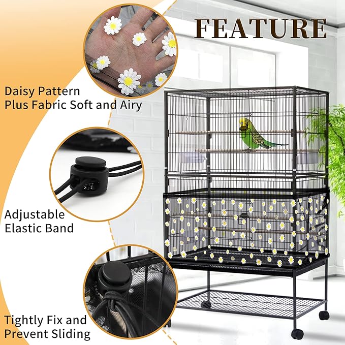 Daoeny Large Bird Cage Cover, Bird Cage Seed Catcher, Adjustable Soft Nylon Mesh Net with Daisy Pattern, Birdcage Cover Skirt Seed Guard for Parrot Parakeet Macaw Round Square Cages (Black)