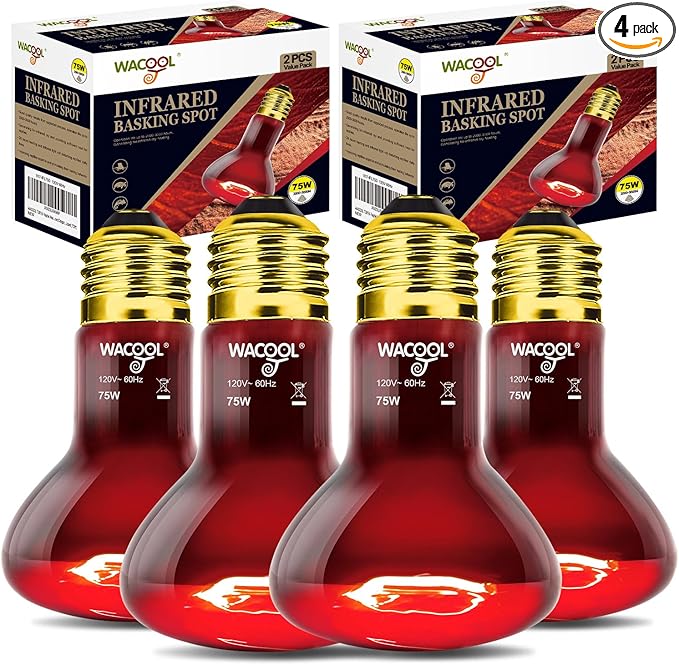 WACOOL 4 Pack Reptile Heat Lamp Bulbs,75W Infrared Basking Spot Light for Reptiles & Amphibians, Red Heat Lamp Bulb for Bearded Dragon Gecko Turtle Lizard (75, Watts)…