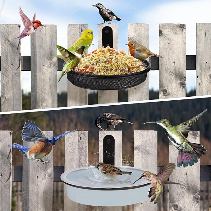 2 Fence Bird Feeder Trays - Outdoor Tree Mounted Wild Bird Bath, 7” in Diameter Feeders with Heavy-Duty Iron Rings, Installed on Wooden Fences, Trees, Decks, Indoor and Outdoor Walls