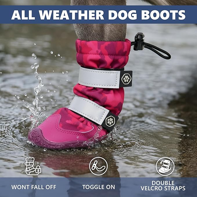 Spark Paws Dog Shoes, Waterproof Dog Boots for Medium to Large Dogs, Non Slip, Breathable Dog Booties and Paw Protectors - 4PCS Doggie Hiking Boots with Reflective Straps, Pink Camo, Size 7
