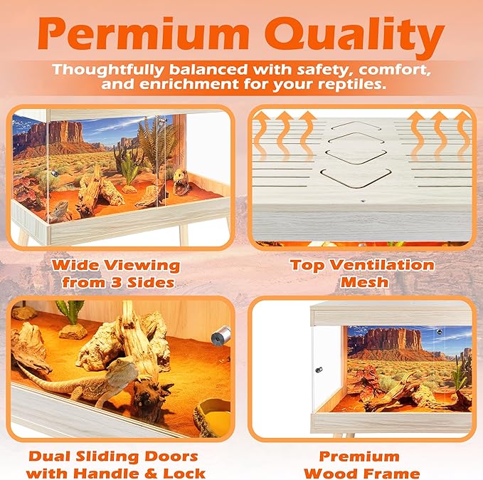 Royxen Tempered Glass Reptile Tank,Bearded Dragon Tank with Metal Mesh Top and Leg Stand,Reptile Enclosure,Lizard Tank for Chameleon,Snake,Lizard Habitat (Oak, 33 Gallons,32x16x16 Inch)