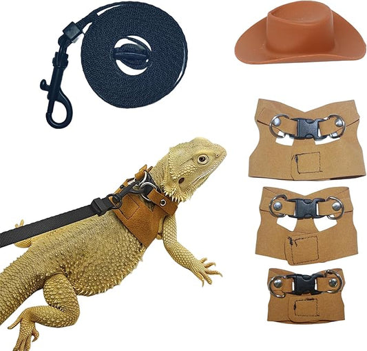Reptile Pets Leash Harness Set with Jackets and a Hat for Bearded Dragon Lizard, Leopard Gecko and Other Small Animal Pets, Outdoor Play