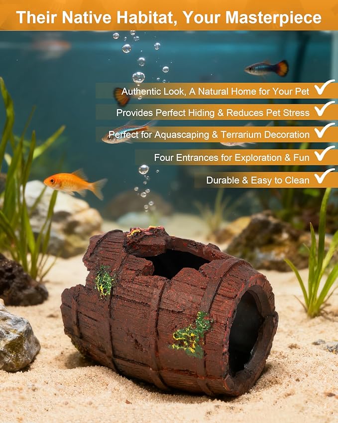 TRUVIC Fish Tank Decorations - Aquarium Cave Decor, Resin Hollow Tree Trunk Reptile Hide & Betta Log Hideout for 20 Gallon Tank, Fish Accessories Shelter Cave